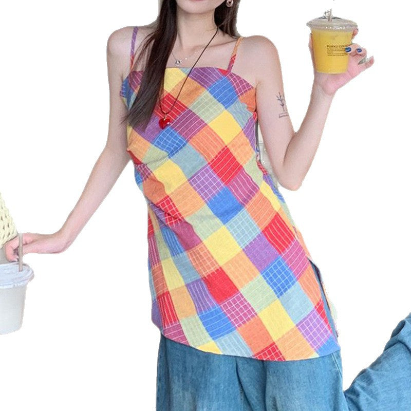Colorful Plaid Y2K Camisole – Retro Sleeveless Tank Top for Women (Sizes S–XL)