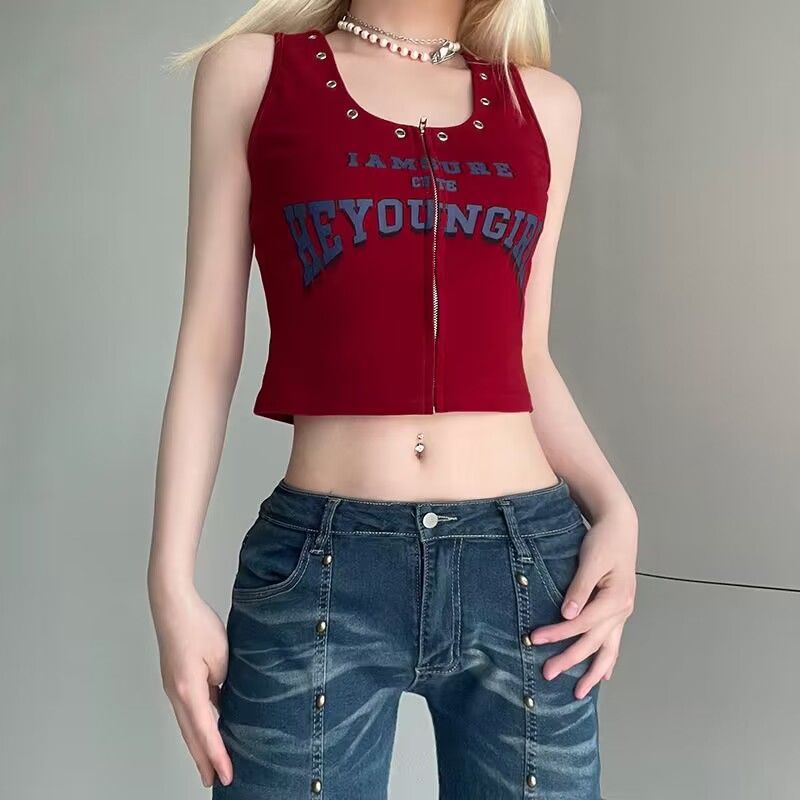Red Zip-Up Graphic Tank Top – Y2K Slim Fit Sleeveless Crop Cami for Women S-XL