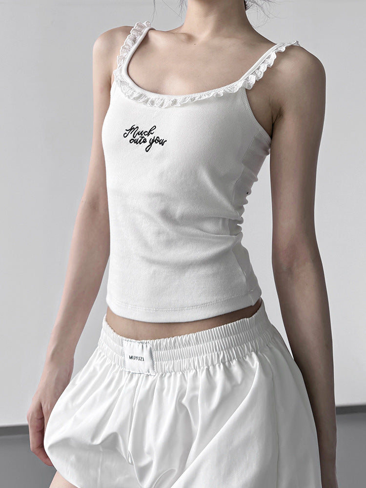 Lace Trim Letter Embroidery Camisole – Y2K Slim Fit Crop Top for Girls (S–XL)