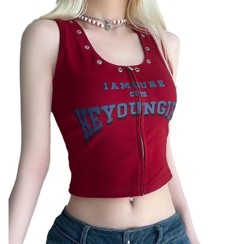 Red Zip-Up Graphic Tank Top – Y2K Slim Fit Sleeveless Crop Cami for Women S-XL