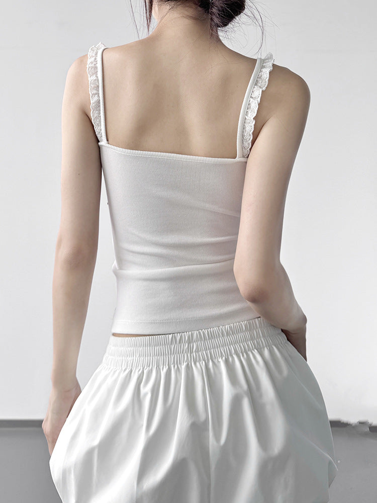 Lace Trim Letter Embroidery Camisole – Y2K Slim Fit Crop Top for Girls (S–XL)