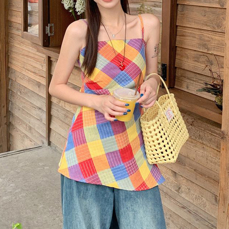 Colorful Plaid Y2K Camisole – Retro Sleeveless Tank Top for Women (Sizes S–XL)