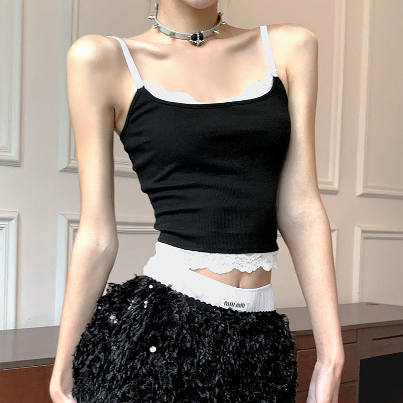 Black and White Lace Trim Spaghetti Strap Tank Top – Slim Fit Sexy Vest (S-XL)