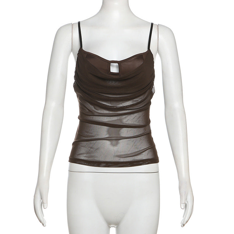 Sexy Mesh Ruched Cami Top – Sheer Slim-Fit Backless Tank Top for Women (S–XL)