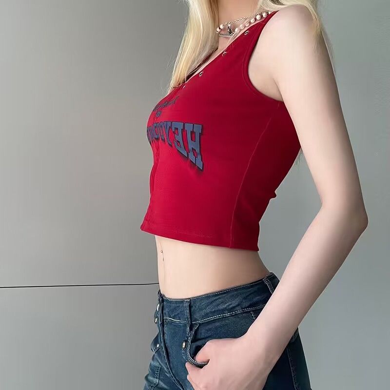 Red Zip-Up Graphic Tank Top – Y2K Slim Fit Sleeveless Crop Cami for Women S-XL