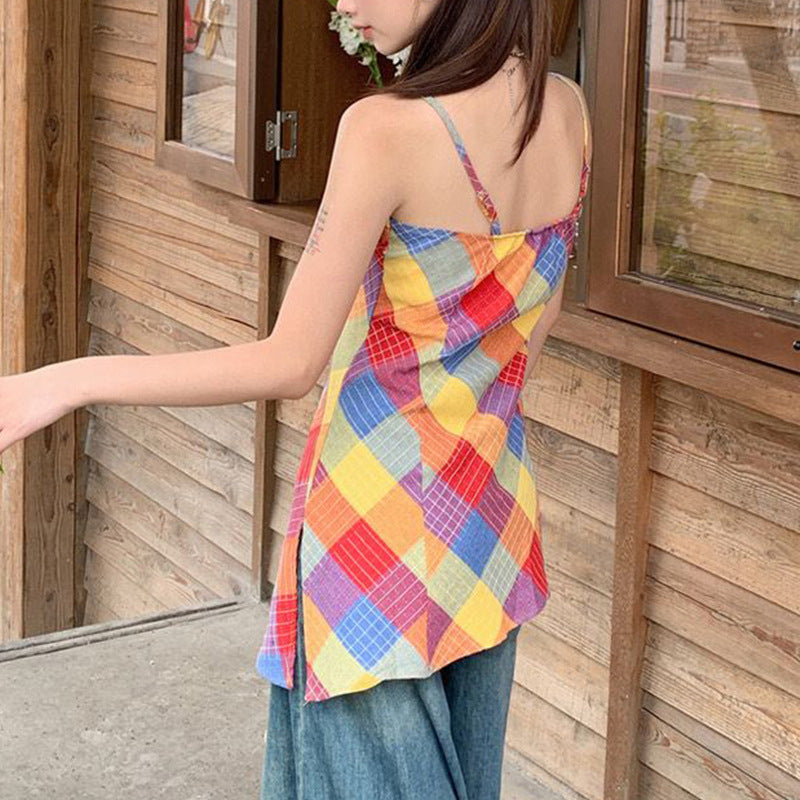 Colorful Plaid Y2K Camisole – Retro Sleeveless Tank Top for Women (Sizes S–XL)