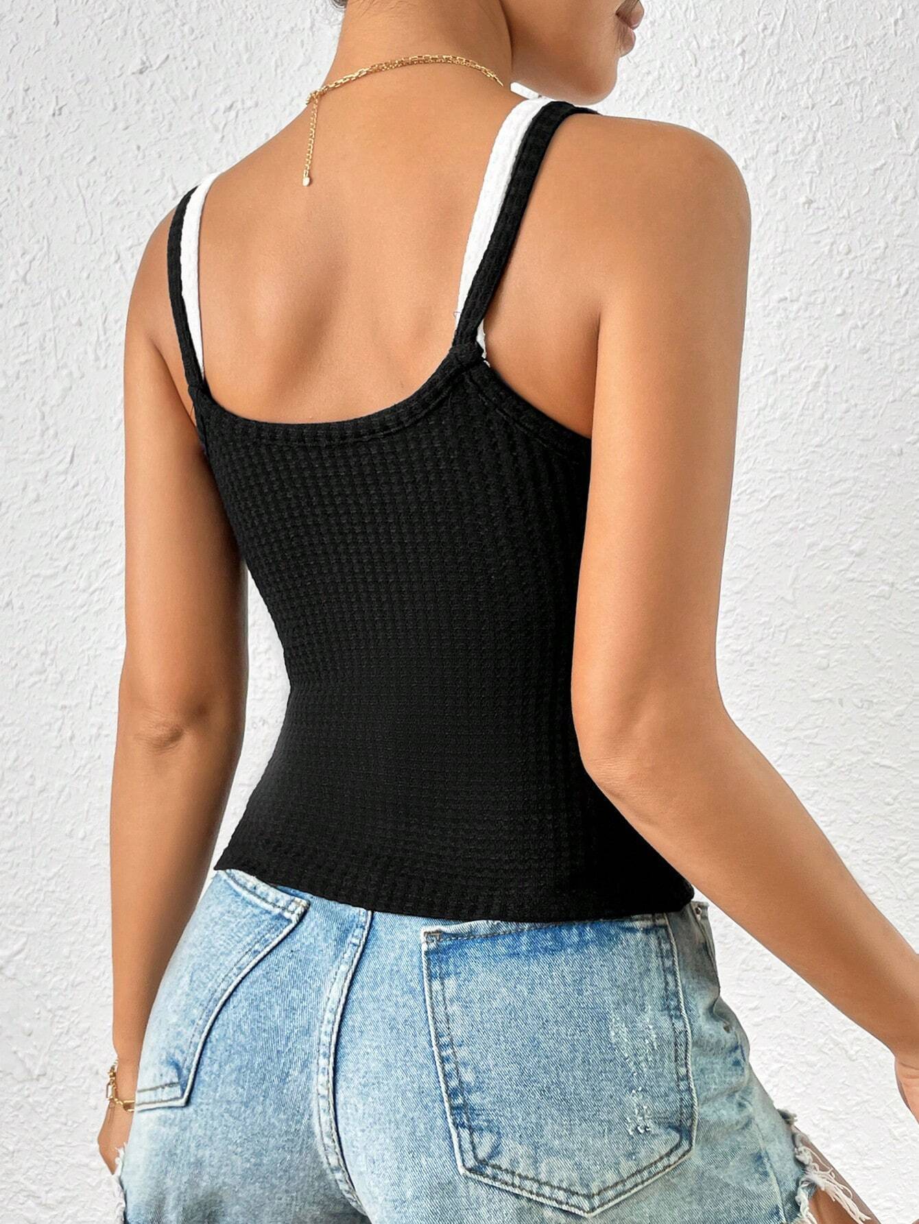 Black and White Contrast Ribbed Knit Crop Tank Top – Stretchy Sleeveless Slim Fit Camisole (Sizes S–XL)