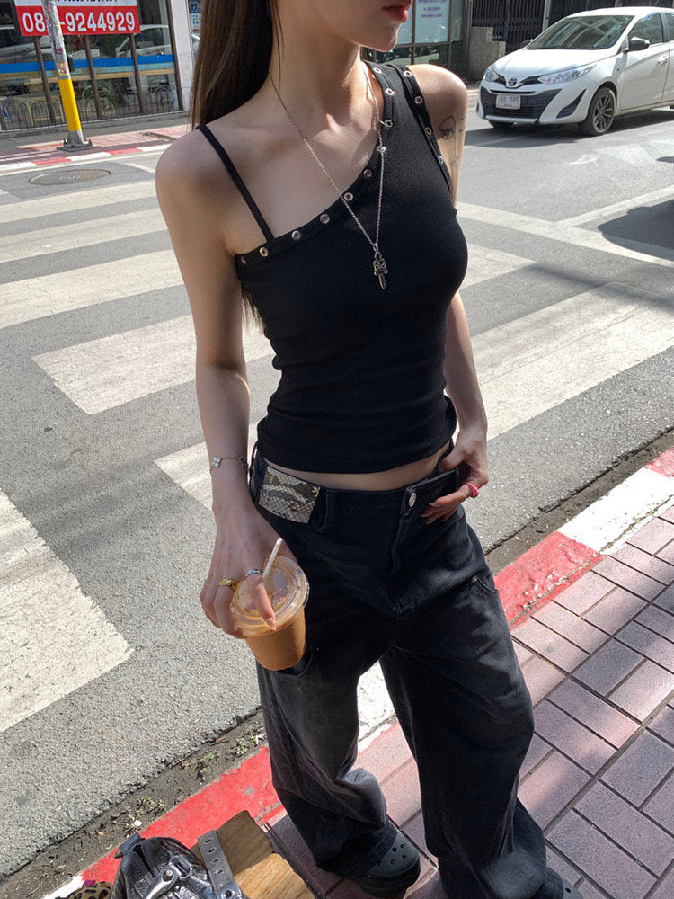 Asymmetric Metal Eyelet Tank Top – Ribbed Bodycon Sleeveless Crop for Women S-XL