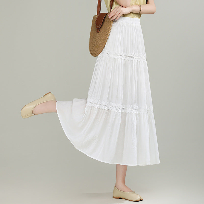 White Lace - Paneled Multi - Layered Pleated Maxi Skirt, High - Waisted Slimming Fairy Skirt (Sizes S - XL)