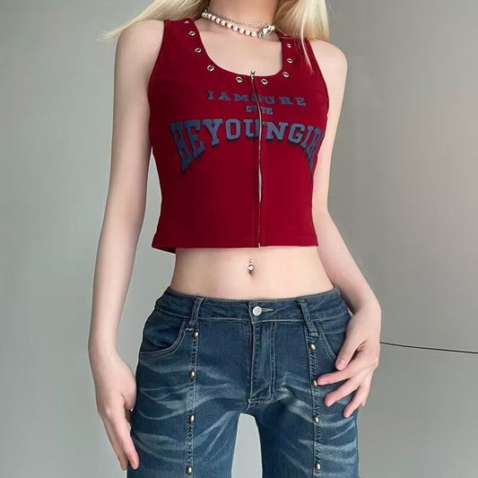 Red Zip-Up Graphic Tank Top – Y2K Slim Fit Sleeveless Crop Cami for Women S-XL