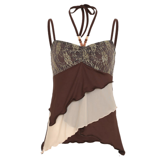 Beaded Lace Patchwork Halter Crop Top – Y2K Ruched Layered Cami Vest (S-XL)
