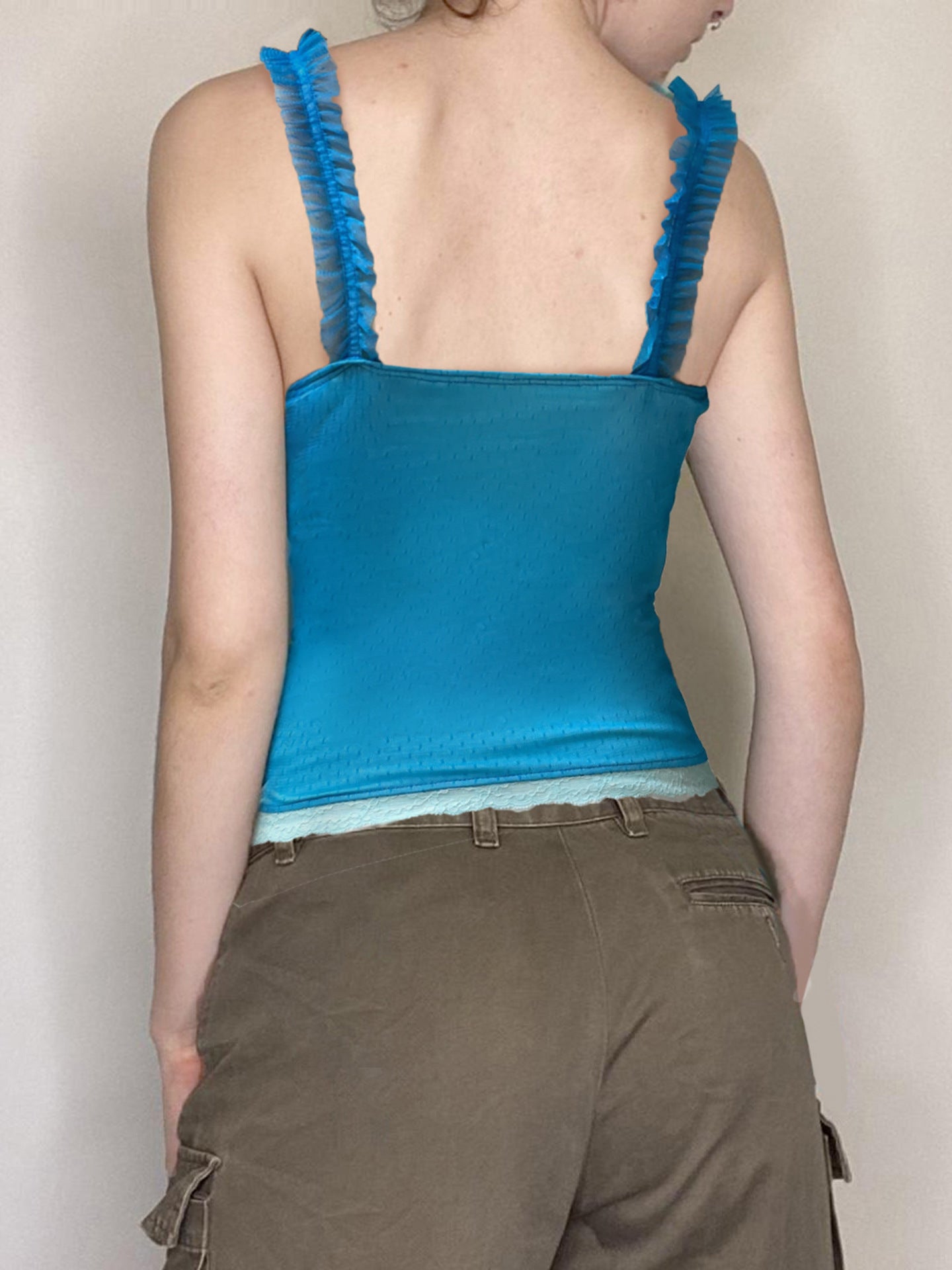 Blue Ruched Lace Camisole Top – Sweet Y2K Sheer Mesh Sleeveless Tank for Women (Sizes S–XL)