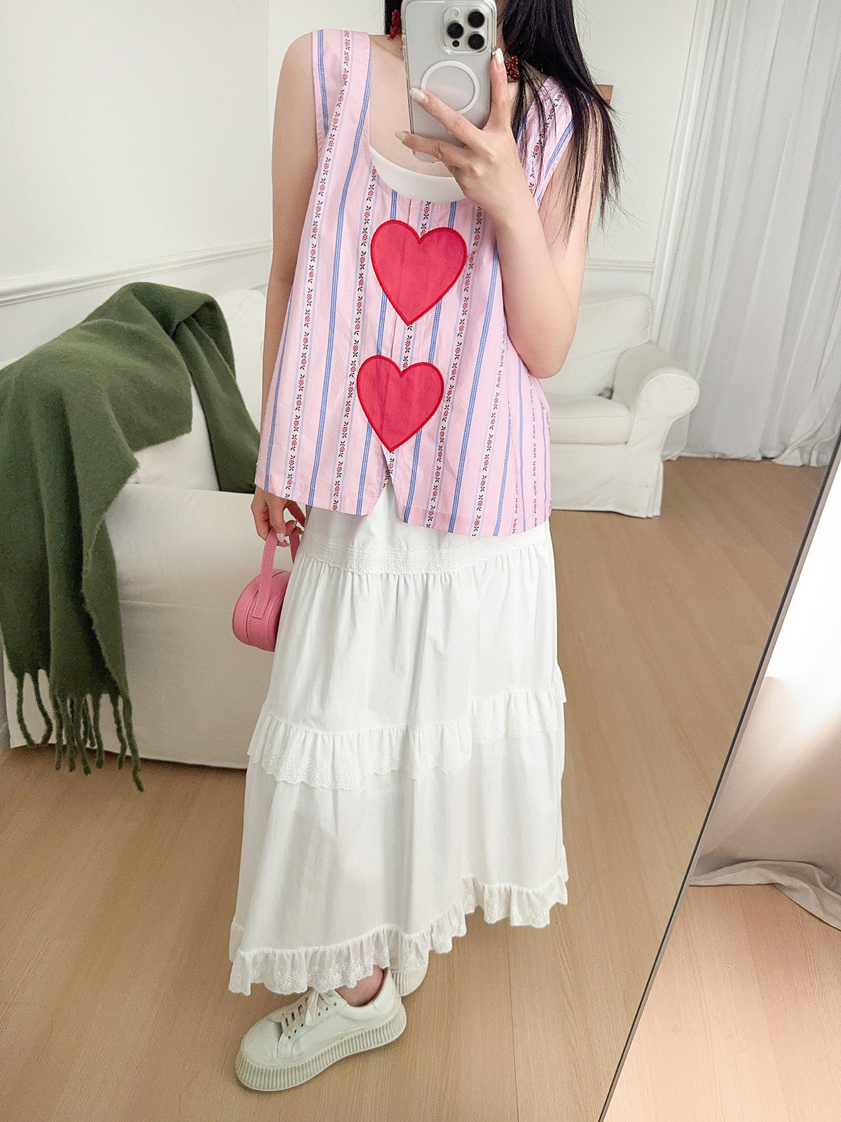 Pink Striped Tank Top with Double Heart Print – Y2K Loose Fit Camisole (Sizes S–XL)