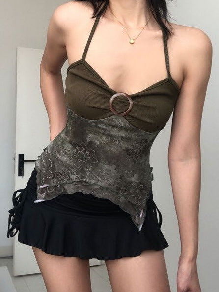 Y2K Halter Neck Patchwork Crop Top for Women – Ribbed Knit Bodice with Wooden Ring & Asymmetrical Chiffon Hem, S-XL Sizes