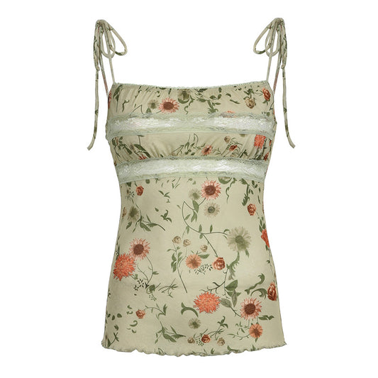 Floral Spaghetti Strap Cami Top for Women – Adjustable Lace Patchwork Cottagecore Tank S-XL
