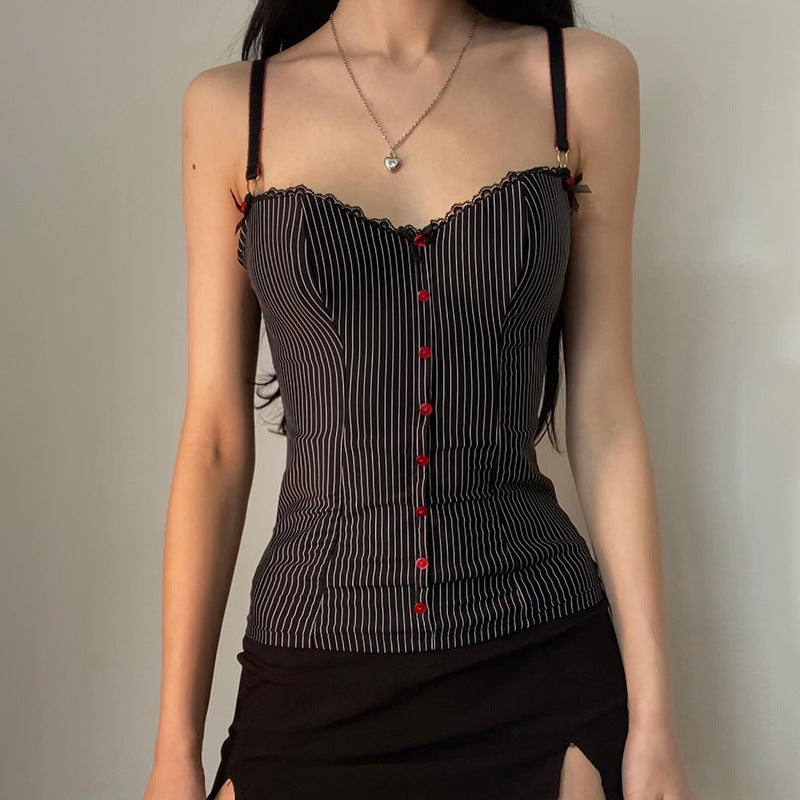 Black Pinstripe Slim-Fit Camisole with Red Button Front – Retro Y2K Spaghetti Strap Tank Top (S-XL)