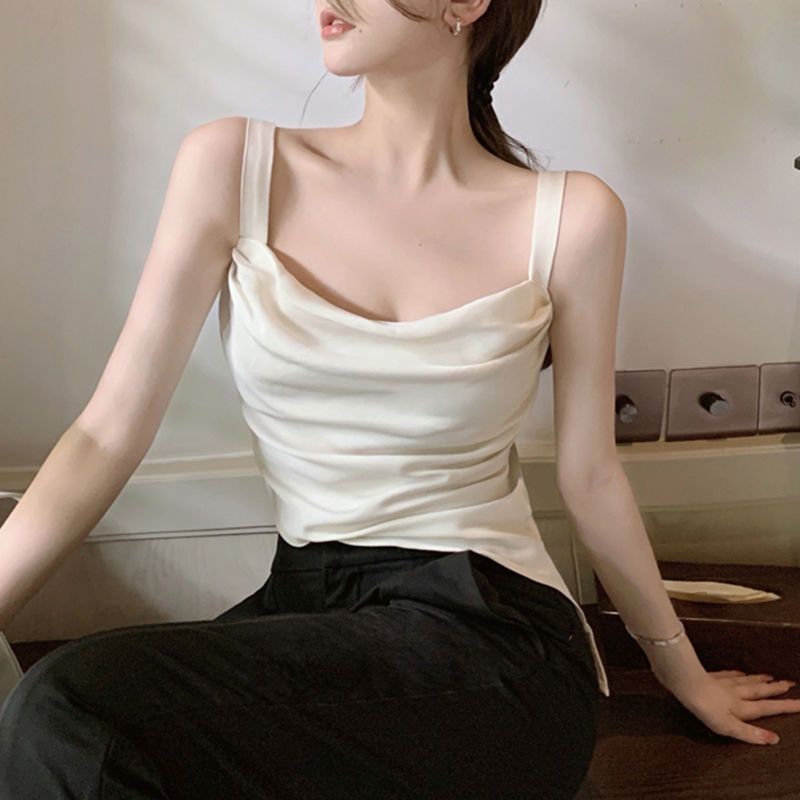 French Style Draped Cowl Neck Sleeveless Tank Top – Asymmetrical Hem Slim Fit Vest (S-XL)