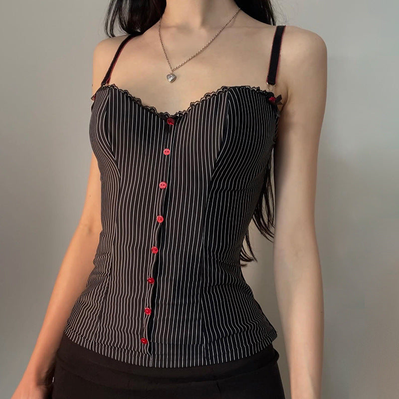 Black Pinstripe Slim-Fit Camisole with Red Button Front – Retro Y2K Spaghetti Strap Tank Top (S-XL)