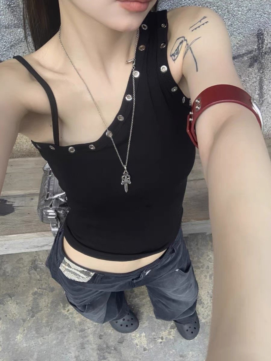 Asymmetric Metal Eyelet Tank Top – Ribbed Bodycon Sleeveless Crop for Women S-XL