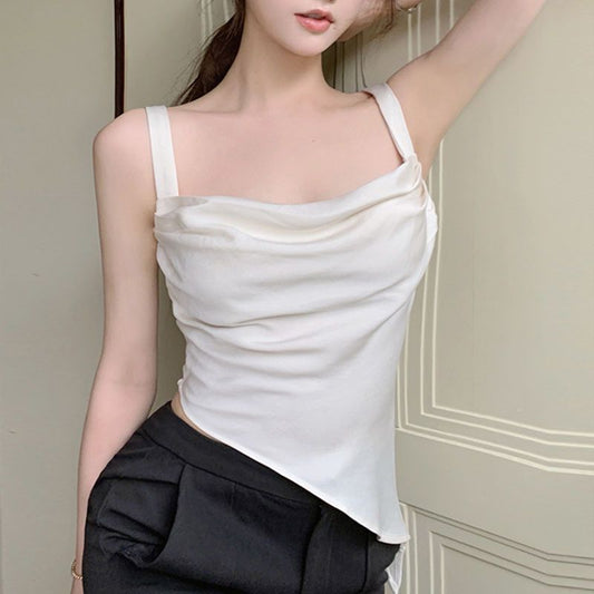 French Style Draped Cowl Neck Sleeveless Tank Top – Asymmetrical Hem Slim Fit Vest (S-XL)