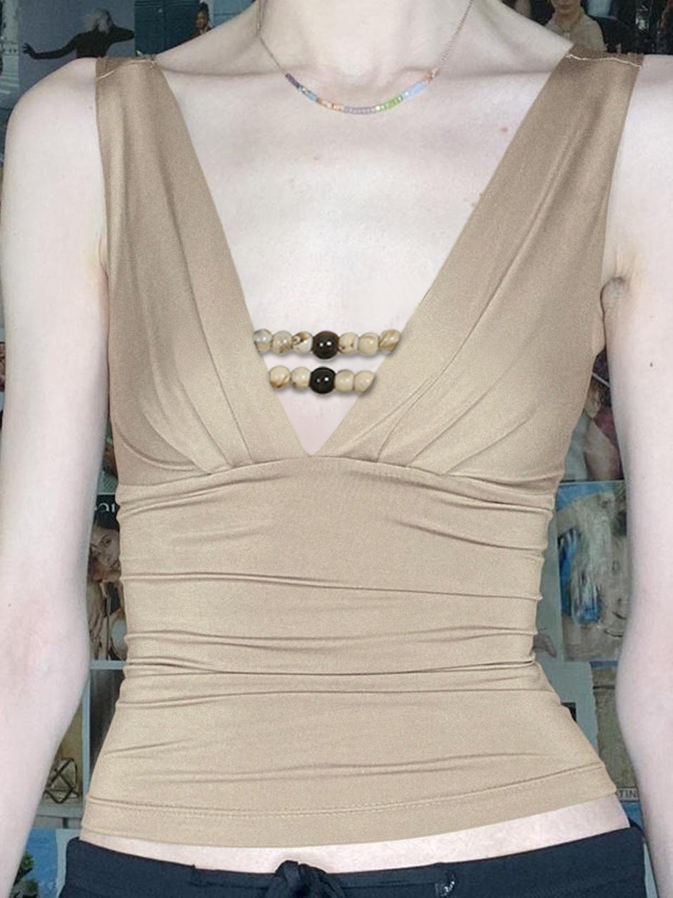 Beaded V-Neck Sleeveless Tank Top – Chic Fitted Camisole for Women S-XL