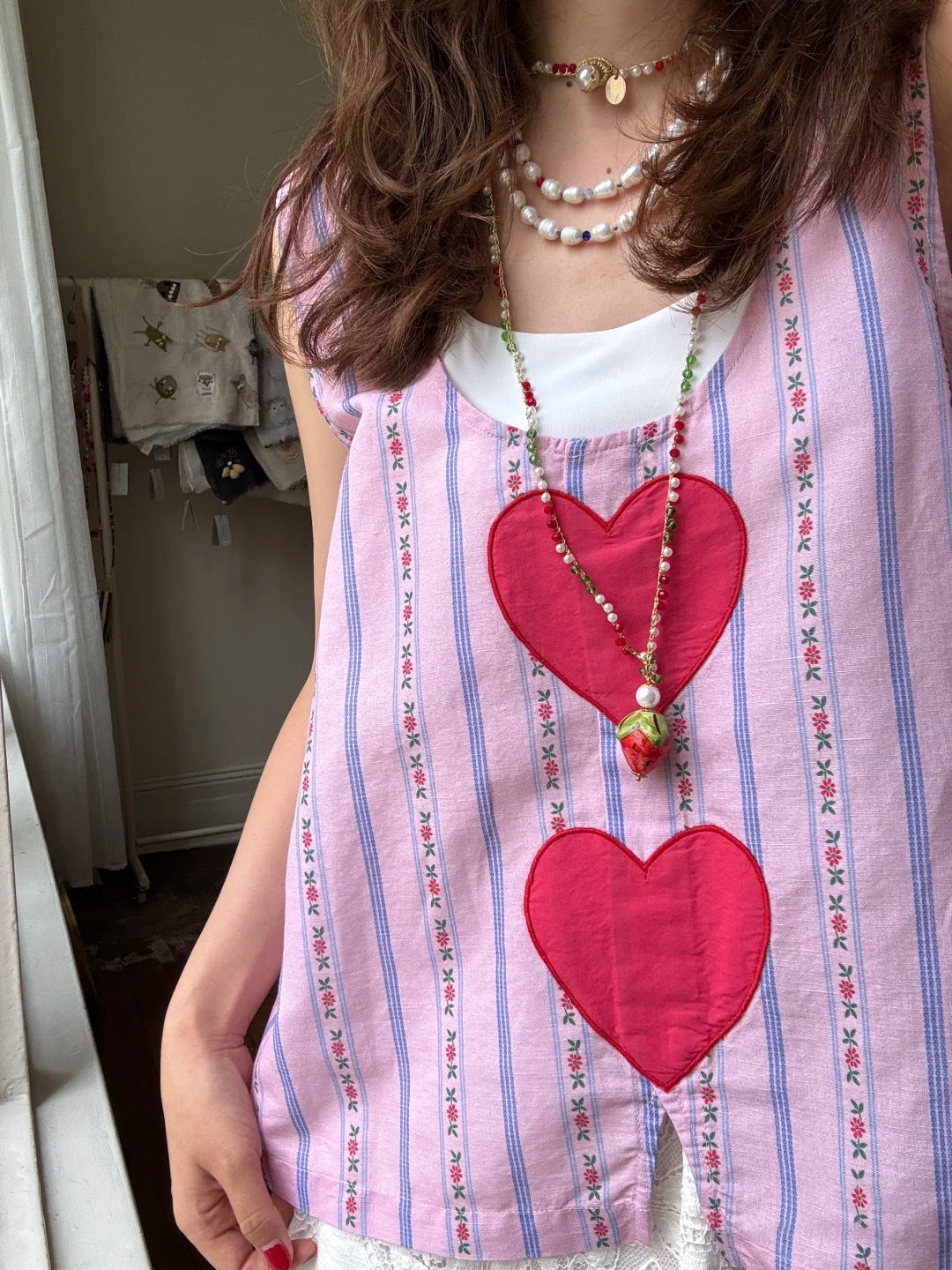 Pink Striped Tank Top with Double Heart Print – Y2K Loose Fit Camisole (Sizes S–XL)