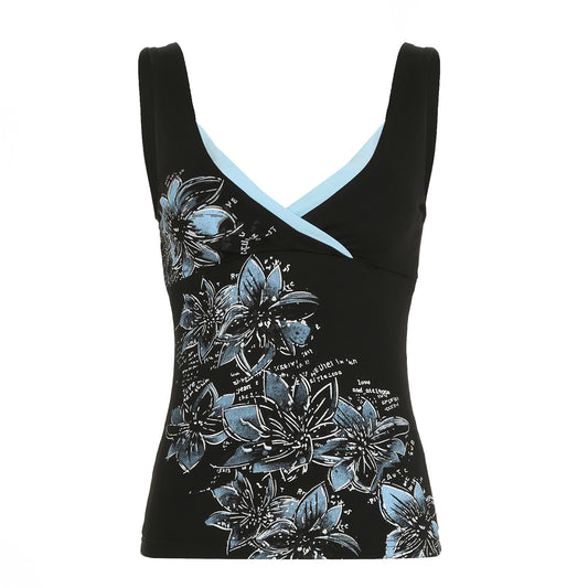 Floral Print Contrast Color Camisole – Y2K Slim Fit Sleeveless Tank Top for Women (Sizes S–XL)