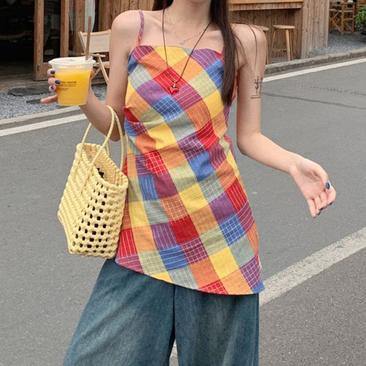 Colorful Plaid Y2K Camisole – Retro Sleeveless Tank Top for Women (Sizes S–XL)