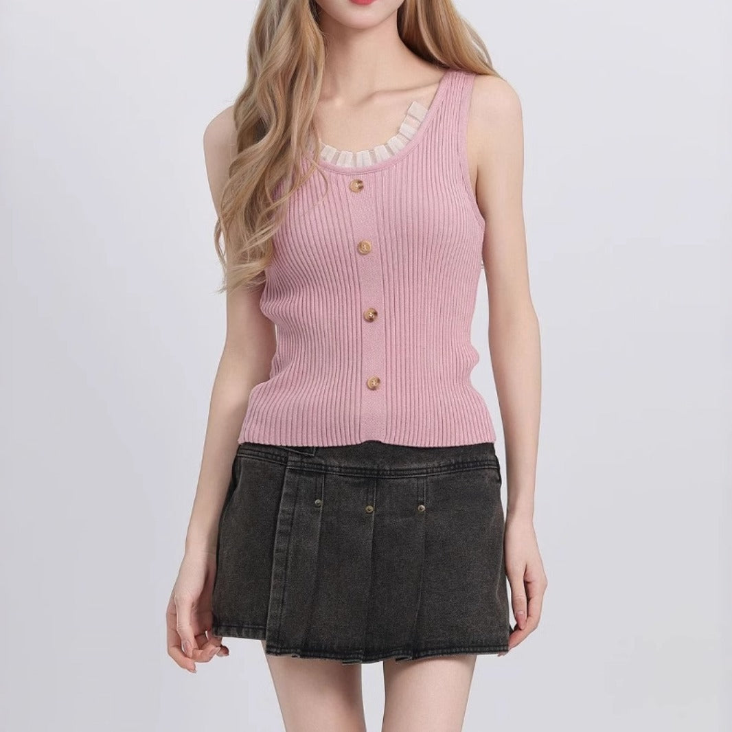 Sweet Princess Style Ribbed Knit Camisole with Buttons and Ruffle Trim (S–XL)
