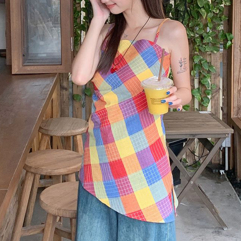Colorful Plaid Y2K Camisole – Retro Sleeveless Tank Top for Women (Sizes S–XL)