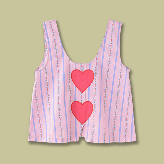 Pink Striped Tank Top with Double Heart Print – Y2K Loose Fit Camisole (Sizes S–XL)
