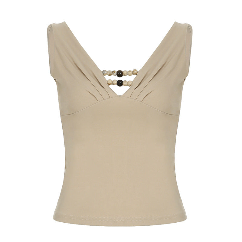 Beaded V-Neck Sleeveless Tank Top – Chic Fitted Camisole for Women S-XL