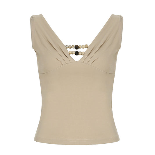 Beaded V-Neck Sleeveless Tank Top – Chic Fitted Camisole for Women S-XL