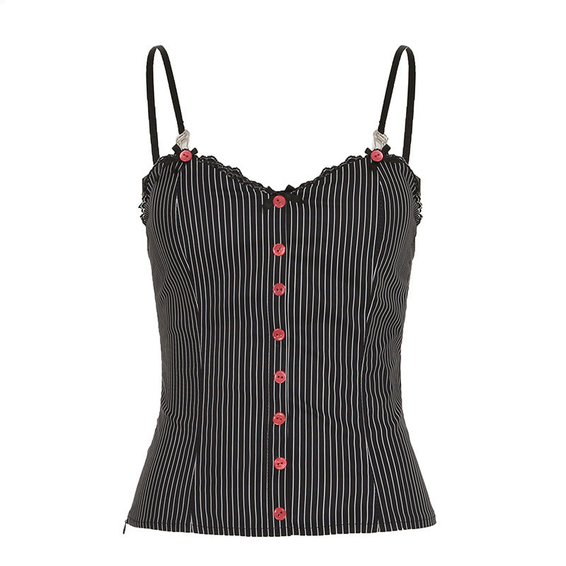 Black Pinstripe Slim-Fit Camisole with Red Button Front – Retro Y2K Spaghetti Strap Tank Top (S-XL)