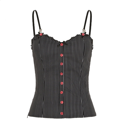 Black Pinstripe Slim-Fit Camisole with Red Button Front – Retro Y2K Spaghetti Strap Tank Top (S-XL)