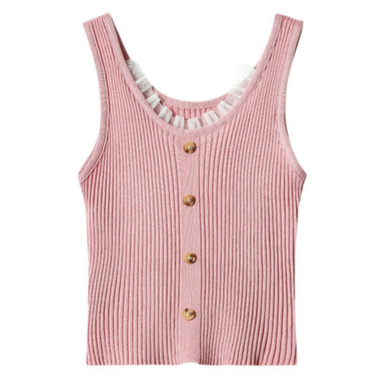 Sweet Princess Style Ribbed Knit Camisole with Buttons and Ruffle Trim (S–XL)