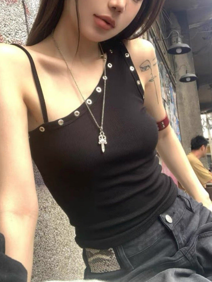 Asymmetric Metal Eyelet Tank Top – Ribbed Bodycon Sleeveless Crop for Women S-XL
