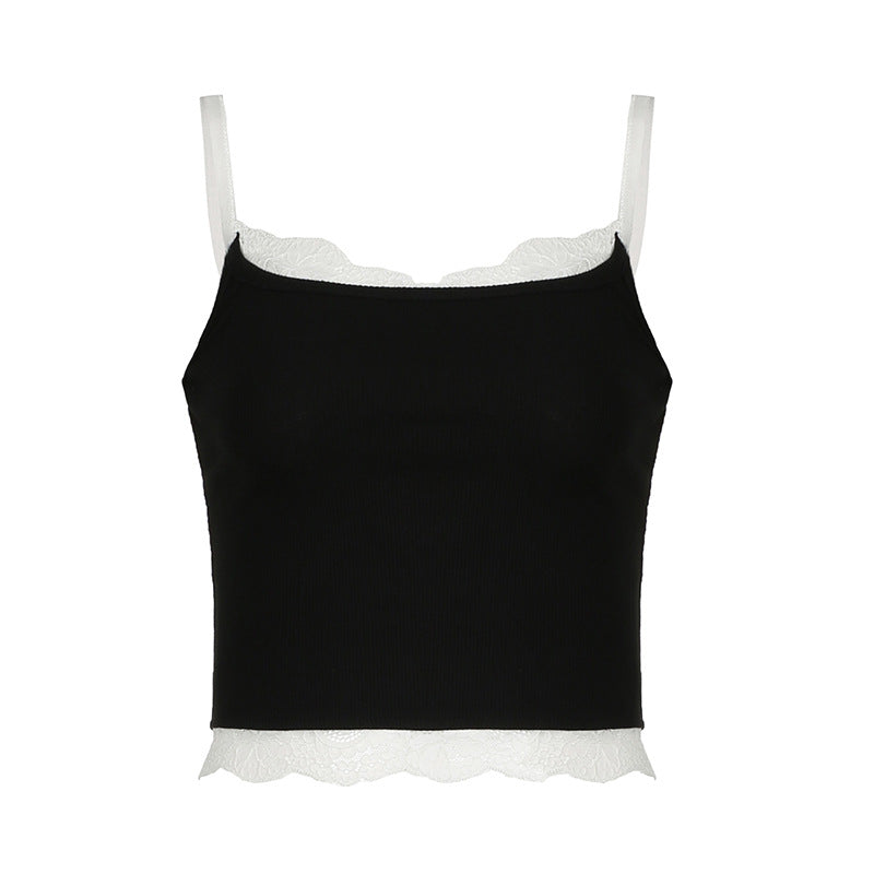 Black and White Lace Trim Spaghetti Strap Tank Top – Slim Fit Sexy Vest (S-XL)