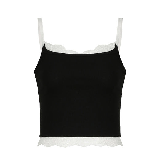 Black and White Lace Trim Spaghetti Strap Tank Top – Slim Fit Sexy Vest (S-XL)