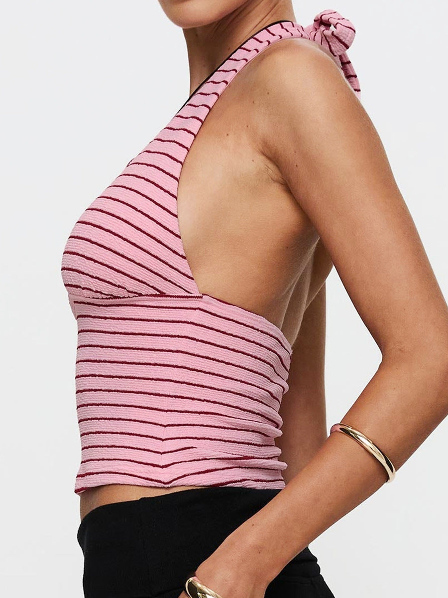 Pink & Red Striped Halter Neck Crop Top – Sexy Y2K Retro Slim Fit Camisole (Sizes S–XL)