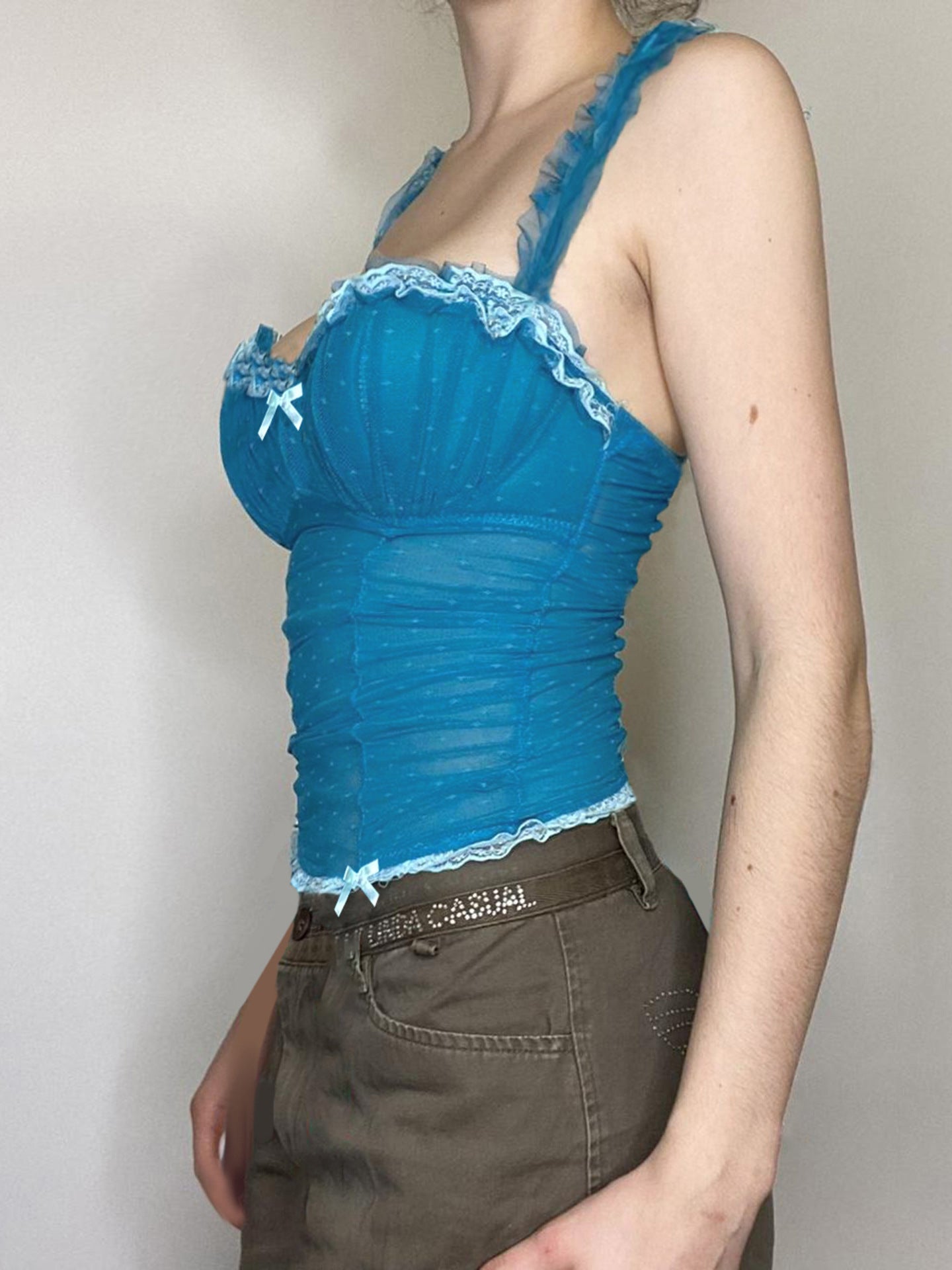 Blue Ruched Lace Camisole Top – Sweet Y2K Sheer Mesh Sleeveless Tank for Women (Sizes S–XL)