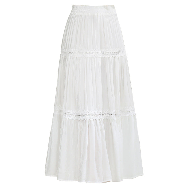White Lace - Paneled Multi - Layered Pleated Maxi Skirt, High - Waisted Slimming Fairy Skirt (Sizes S - XL)