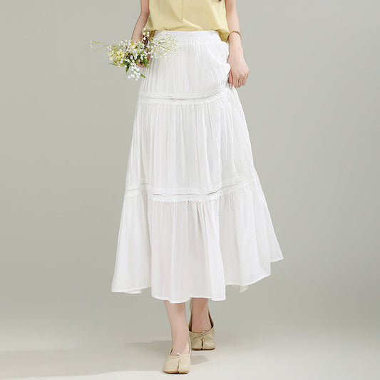 White Lace - Paneled Multi - Layered Pleated Maxi Skirt, High - Waisted Slimming Fairy Skirt (Sizes S - XL)