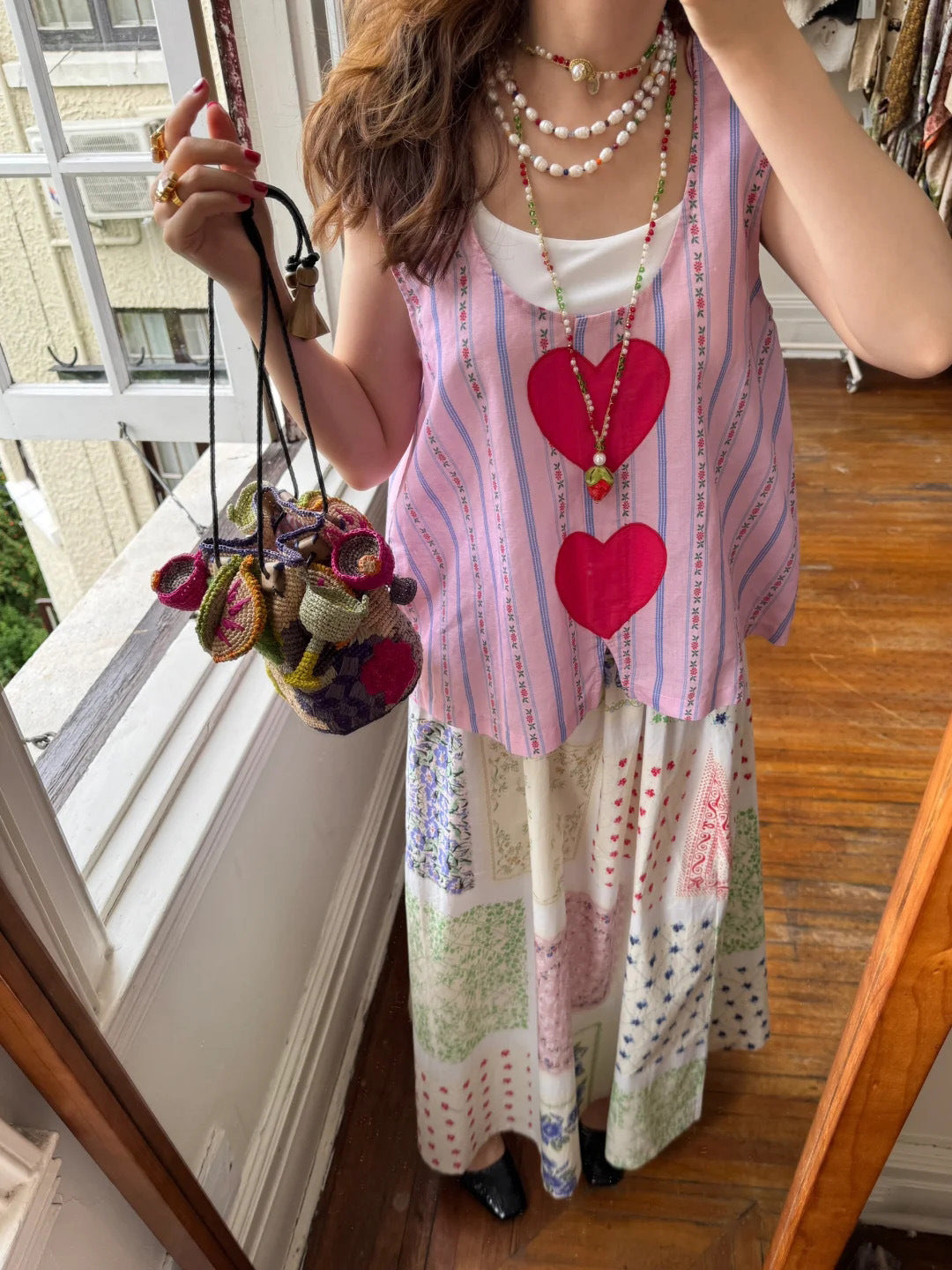 Pink Striped Tank Top with Double Heart Print – Y2K Loose Fit Camisole (Sizes S–XL)