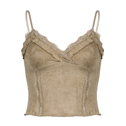 Vintage Khaki Lace Cami Top – French Style Crop Tank with Adjustable Straps (S-XL)