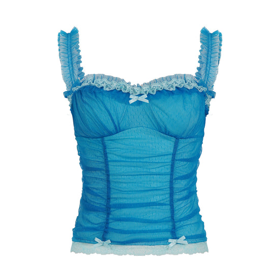 Blue Ruched Lace Camisole Top – Sweet Y2K Sheer Mesh Sleeveless Tank for Women (Sizes S–XL)