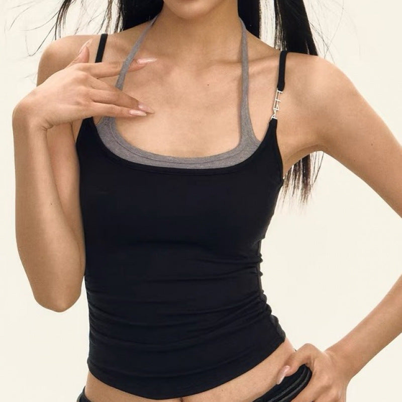 Layered Strappy Halter Tank Top – Y2K Slim-Fit Spliced Camisole for Women (S-XL)