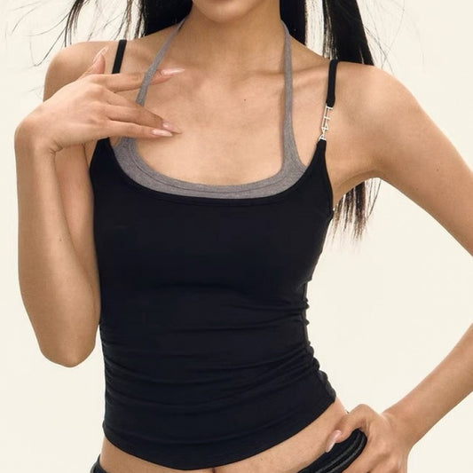 Layered Strappy Halter Tank Top – Y2K Slim-Fit Spliced Camisole for Women (S-XL)
