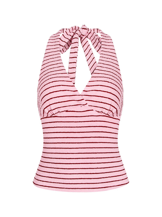 Pink & Red Striped Halter Neck Crop Top – Sexy Y2K Retro Slim Fit Camisole (Sizes S–XL)