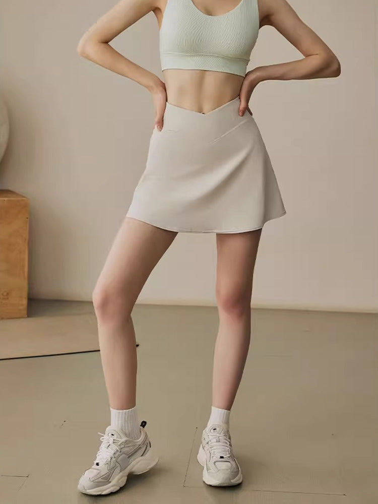 High-Waist Cross Design Sports Skirt – Women’s Yoga, Tennis & Gym Skort with Built-in Safety Shorts